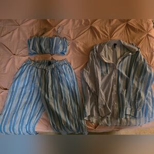 Blue and White Striped Three-Piece Set